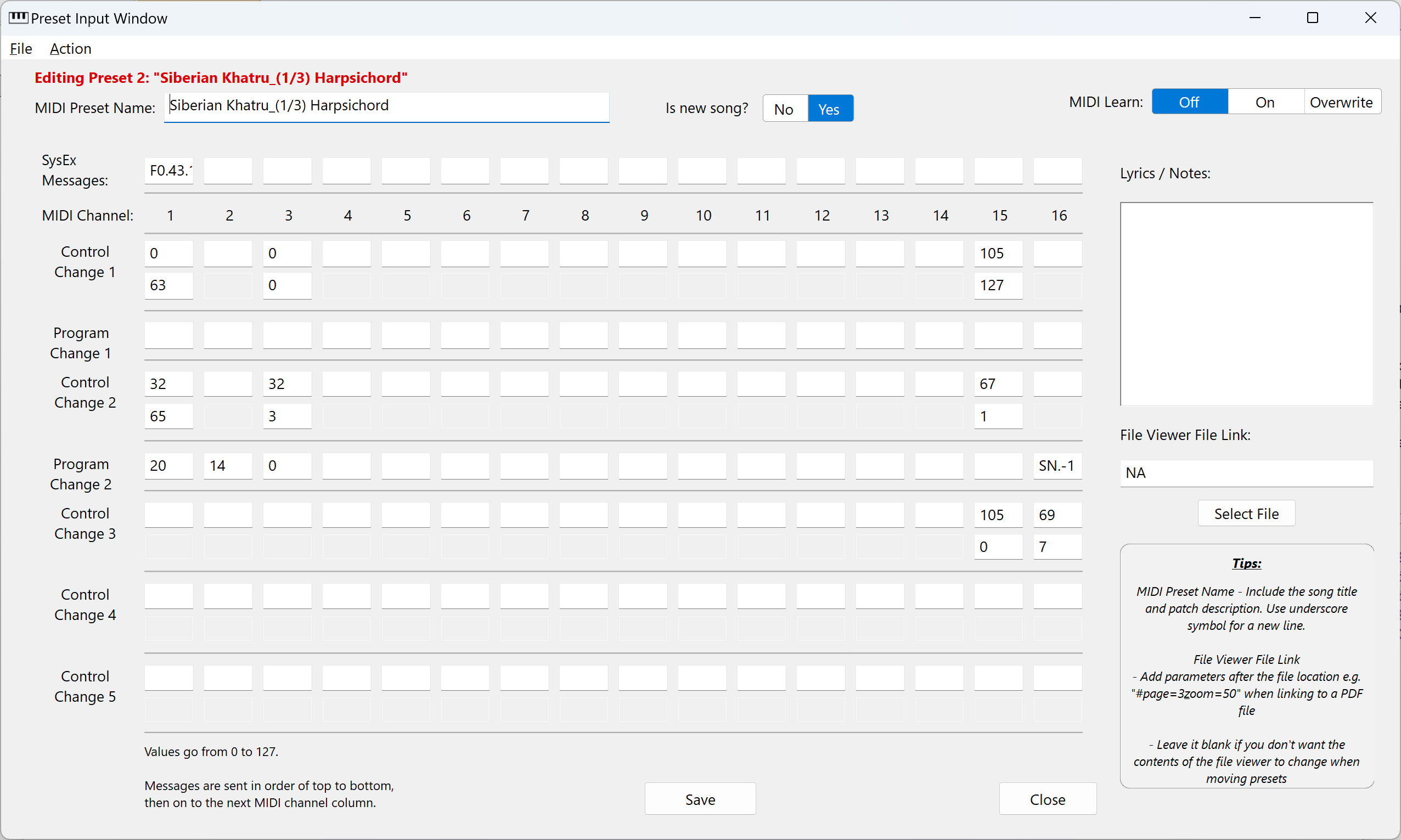 MidiSetSwitcher Preset Add/Edit
